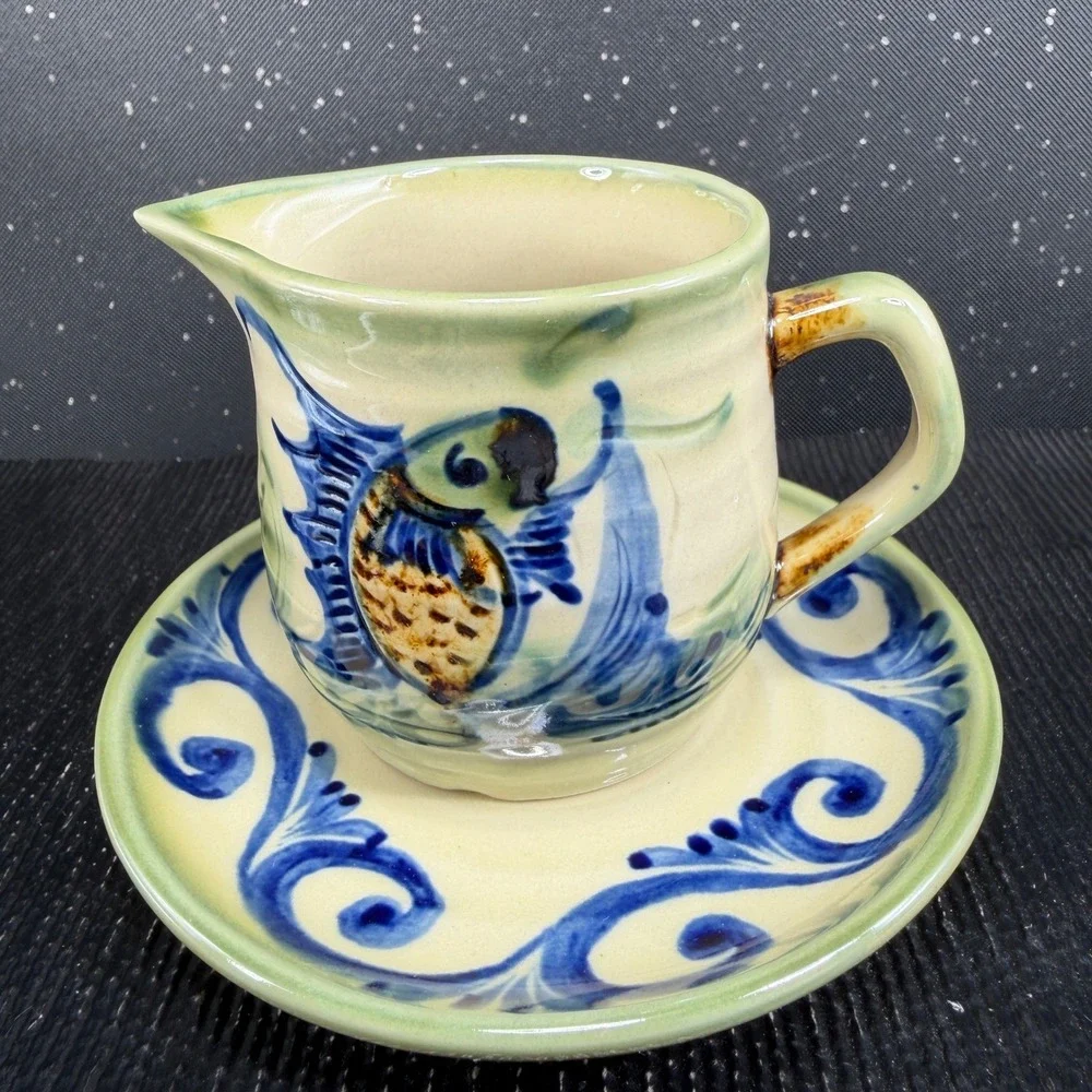 Tsuboya Ware Yachimun Japanese Pottery Creamer and Saucer Set Fish Design 3in